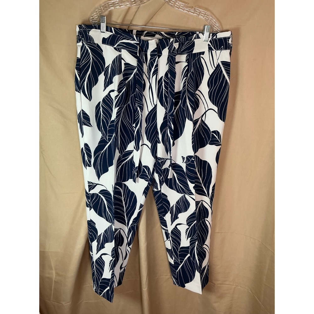 Liz Claiborne Ankle‎ Pants Women 16 Navy Blue Excellent Tropical Leaf Tie Waist